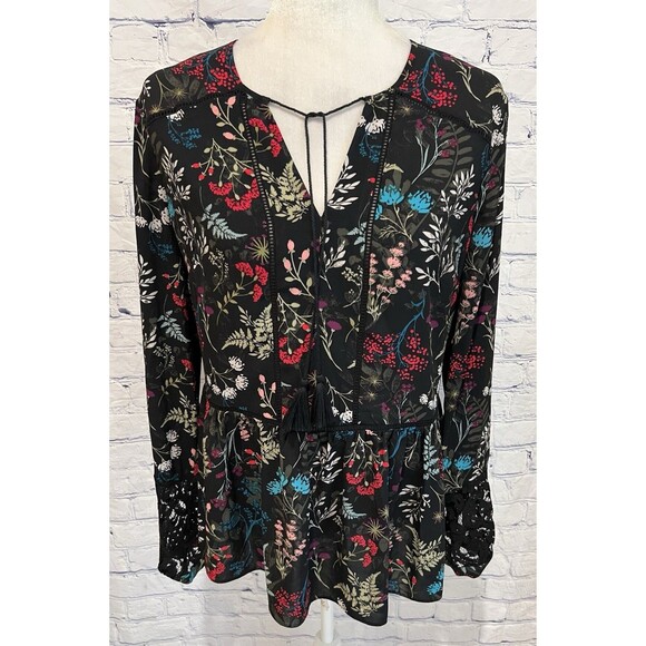 Tahari Woman Black Floral Long Sleeve Lightweight Sheer Pullover Top Size Small - Picture 1 of 8